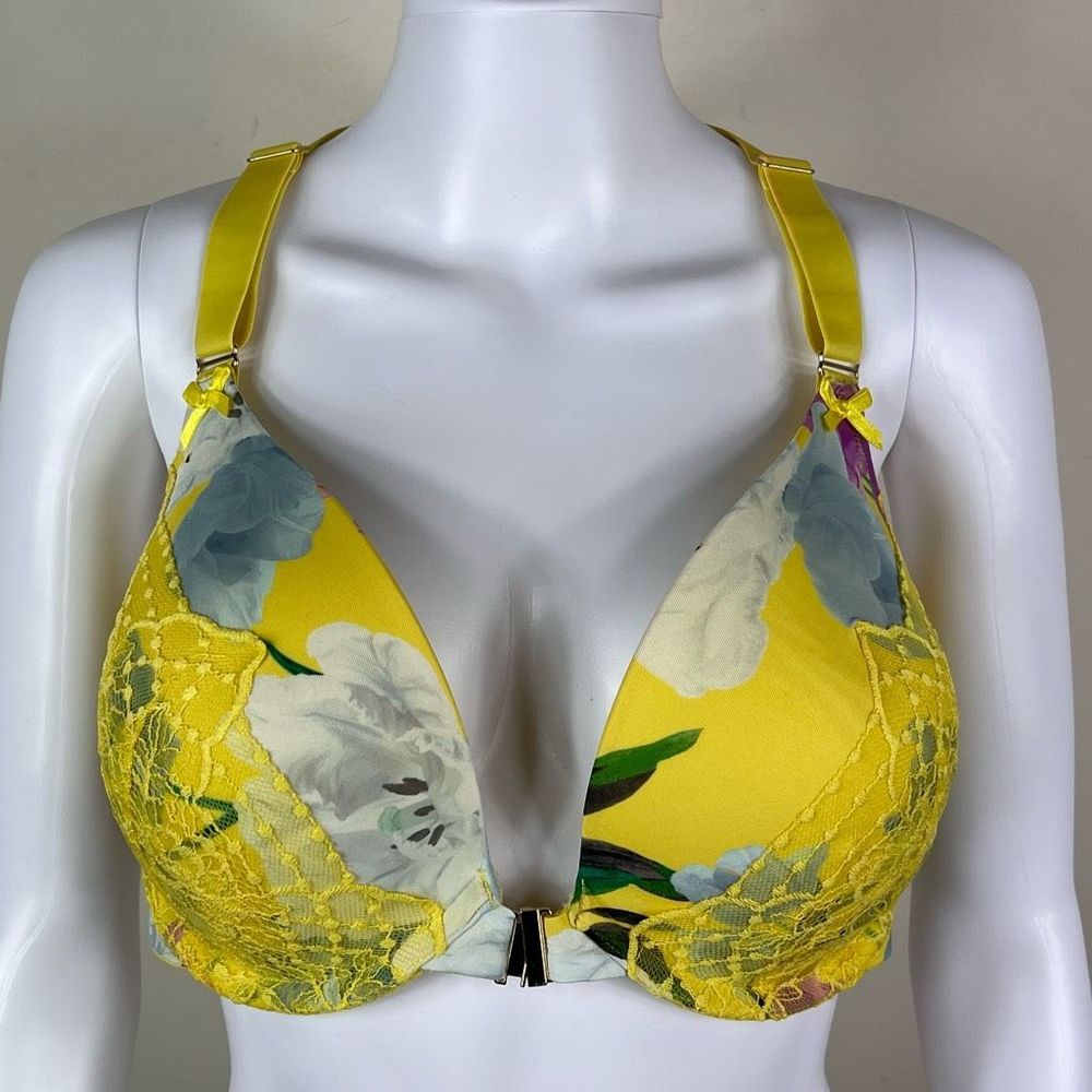 Cacique Boost Plunge Front Closure Yellow Floral Lace Back Bra 42D